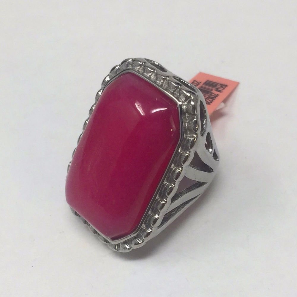 Large pink resin ring silver tone setting size 8